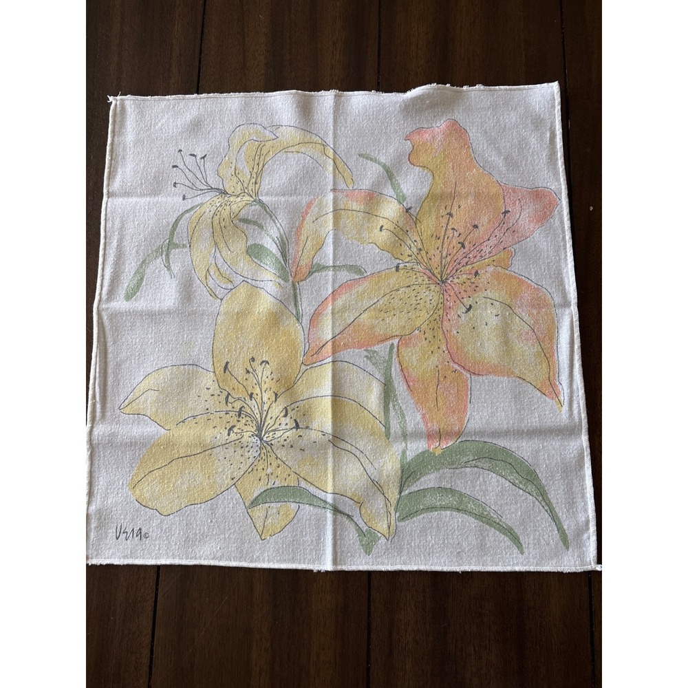 8 Vera Neumann Vintage Linen Napkin Lily Floral Yellow Orange Mid Century Modern